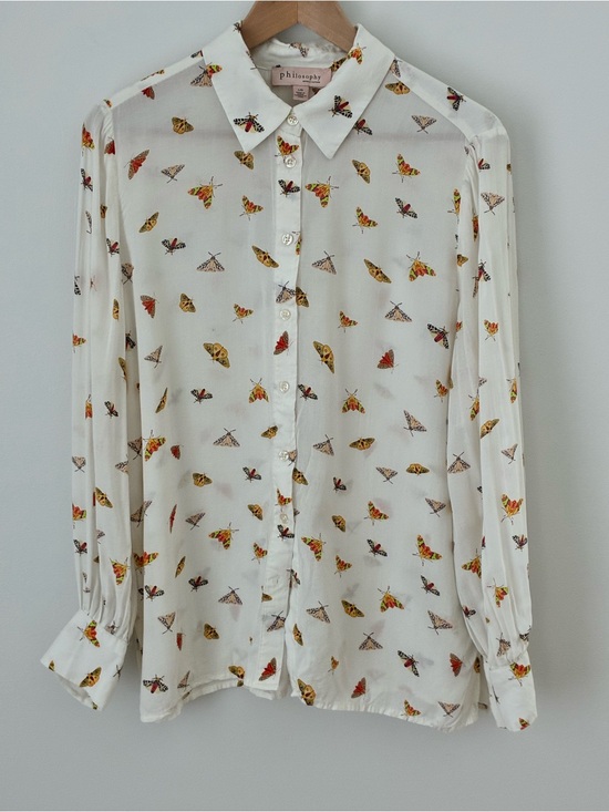 Philosophy Tops - Philosophy White Button-Down Blouse with Multicolor Butterfly Motif Size L
